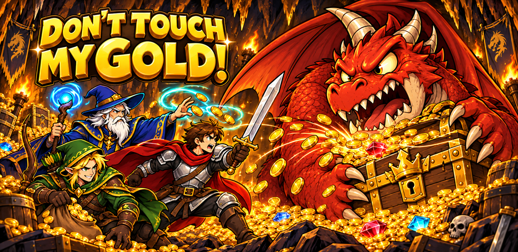 Bitcoin Miner: Dragon Hoard: a red dragon guarding a mountain of treasure from a hero squad